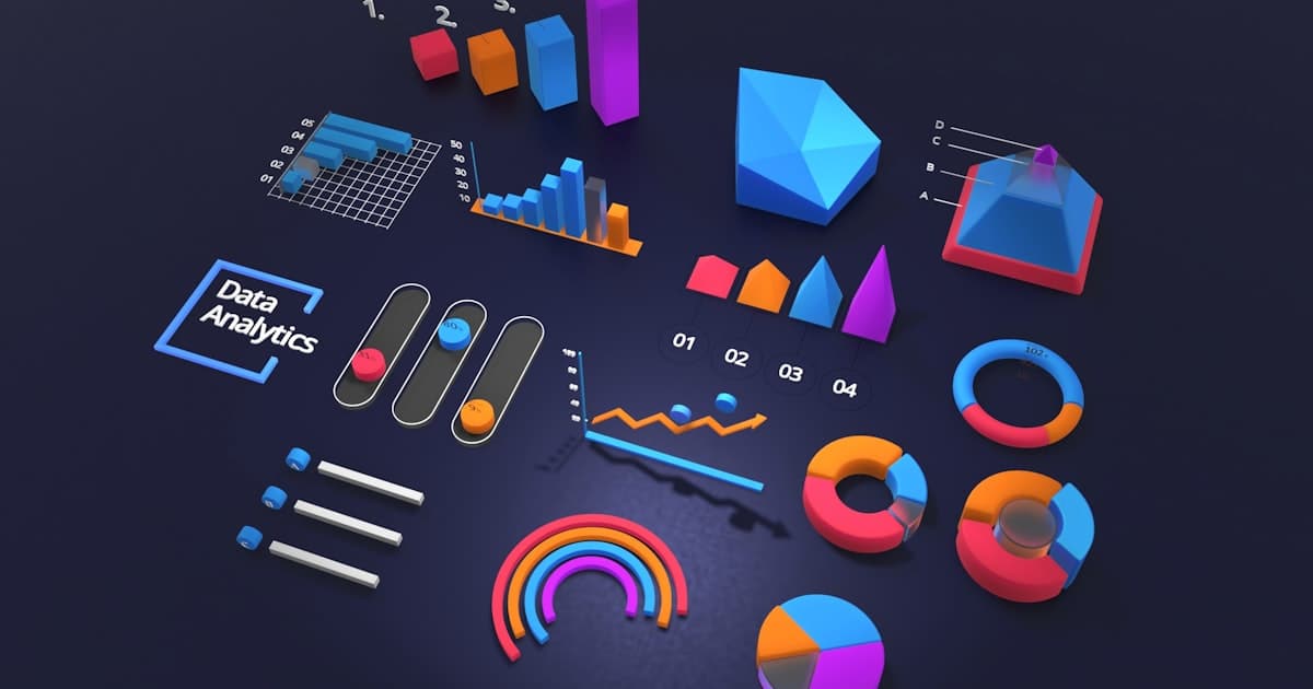 Visualização 3D de gráficos e métricas de dados sobre fundo escuro representando Core Web Vitals