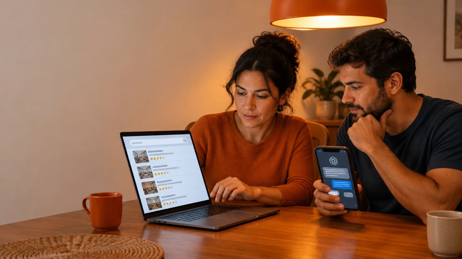 Casal à mesa da cozinha compara opções no notebook e numa conversa com IA no celular antes de contratar um serviço na Black Friday