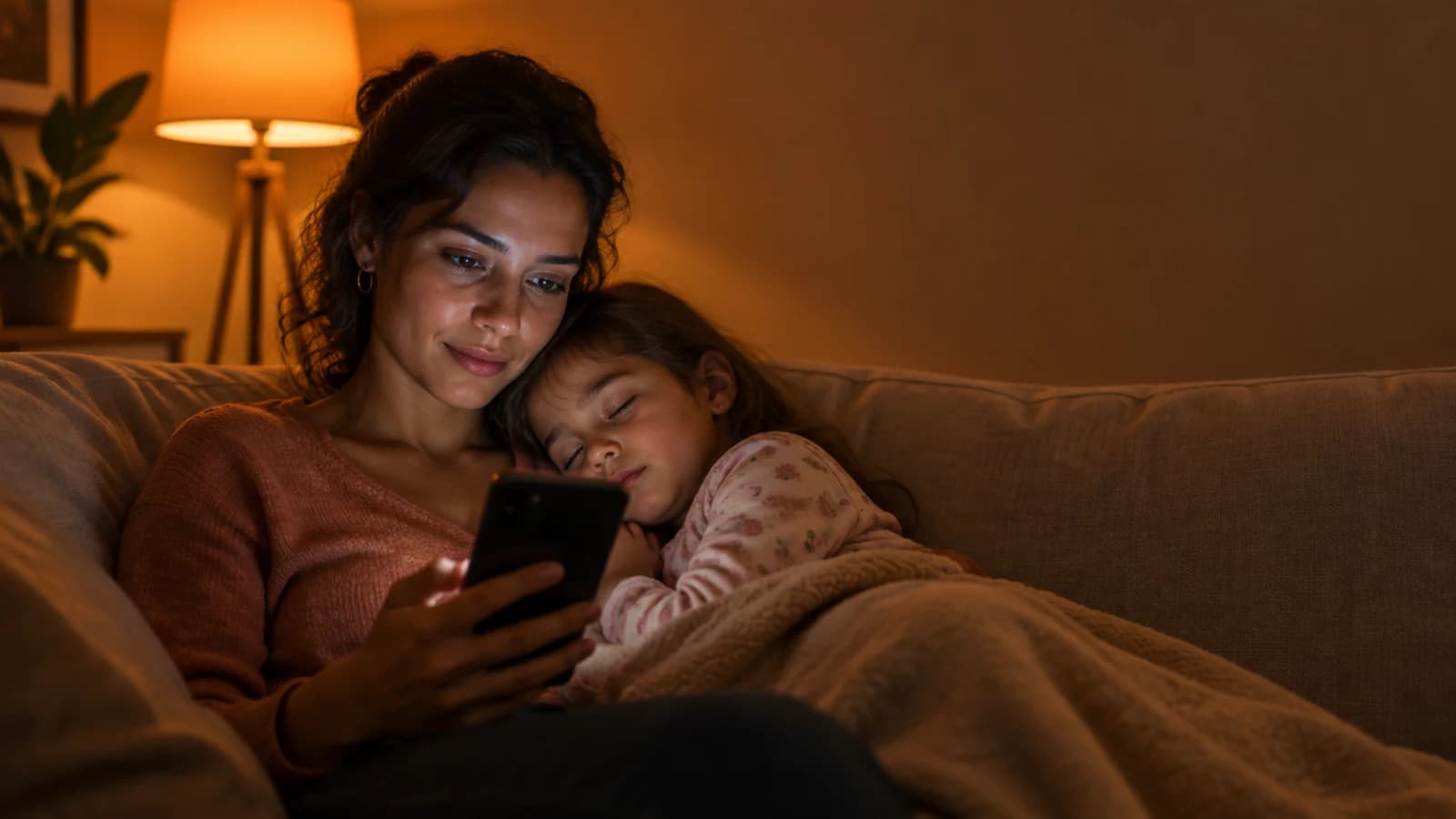 Mãe no sofá à noite pede a um assistente de IA no celular a indicação de um dentista infantil perto de casa, com a filha dormindo no ombro