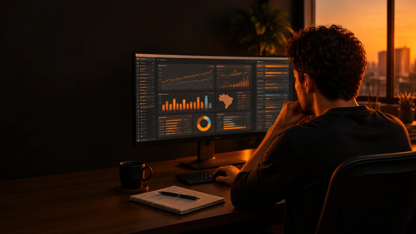 Gestor de tráfego ajusta configurações de campanha num monitor com gráficos, no escritório ao entardecer