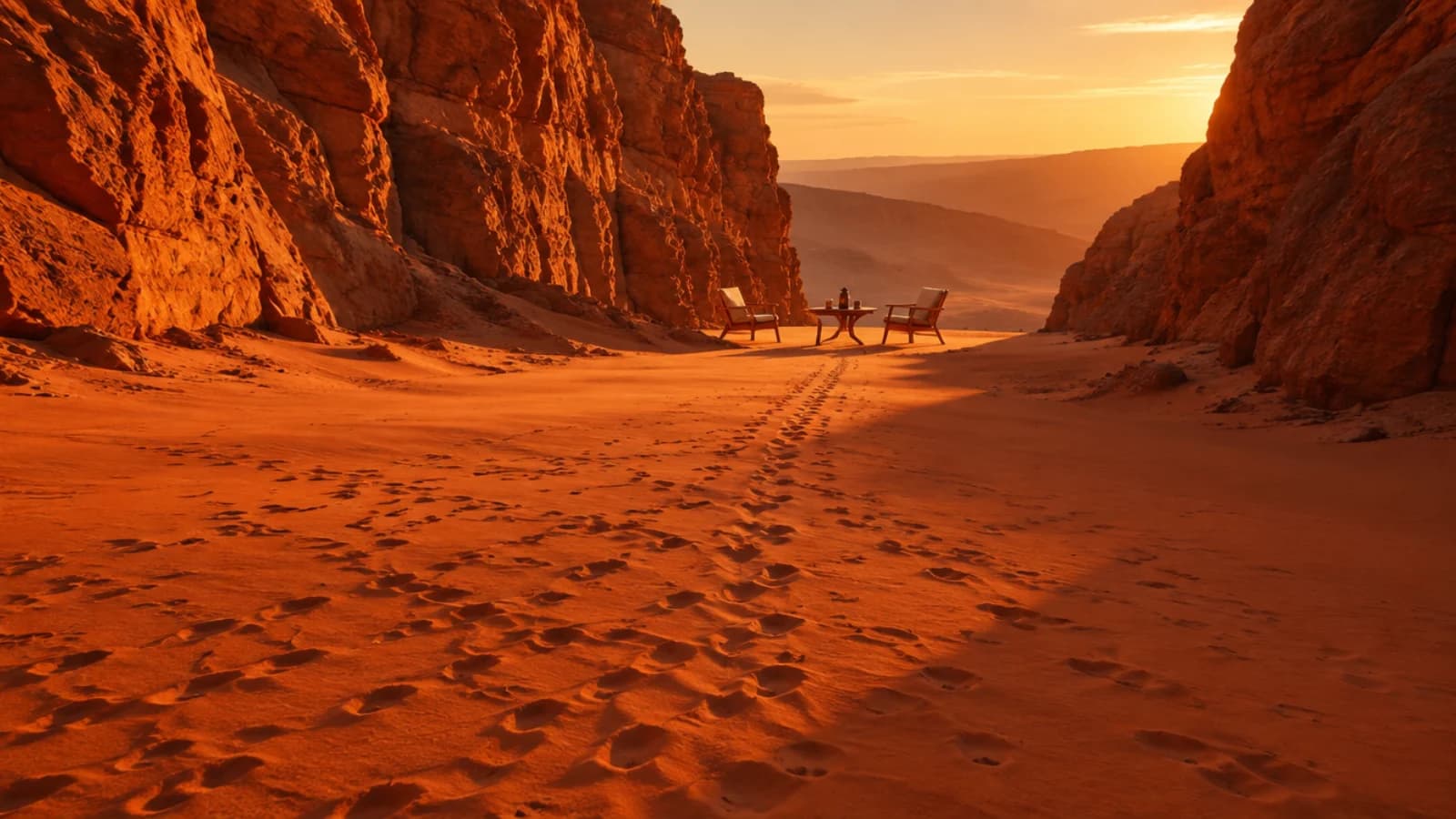 Pegadas na areia de um cânion no deserto convergindo para uma mesa de reunião, representando o lead filtrado até virar reunião qualificada no tráfego pago B2B